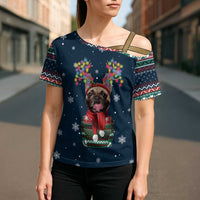 French Bulldog Reindeer Antlers Lights Cross Shoulder Shirt with Red Green Winter Pattern Design - Wonder Print Shop