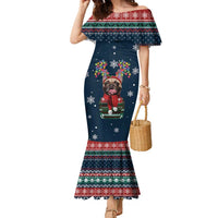 French Bulldog Reindeer Antlers Lights Family Matching Mermaid Dress and Hawaiian Shirt with Red Green Winter Pattern Design - Wonder Print Shop