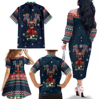 French Bulldog Reindeer Antlers Lights Family Matching Off The Shoulder Long Sleeve Dress and Hawaiian Shirt with Red Green Winter Pattern Design - Wonder Print Shop