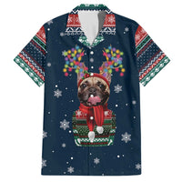 French Bulldog Reindeer Antlers Lights Family Matching Off The Shoulder Long Sleeve Dress and Hawaiian Shirt with Red Green Winter Pattern Design - Wonder Print Shop