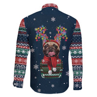 French Bulldog Reindeer Antlers Lights Family Matching Off The Shoulder Long Sleeve Dress and Hawaiian Shirt with Red Green Winter Pattern Design - Wonder Print Shop