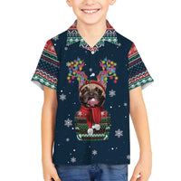 French Bulldog Reindeer Antlers Lights Family Matching Off Shoulder Maxi Dress and Hawaiian Shirt with Red Green Winter Pattern Design - Wonder Print Shop