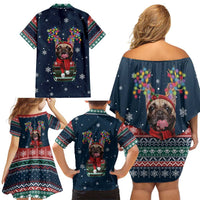 French Bulldog Reindeer Antlers Lights Family Matching Off Shoulder Short Dress and Hawaiian Shirt with Red Green Winter Pattern Design - Wonder Print Shop