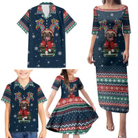 French Bulldog Reindeer Antlers Lights Family Matching Puletasi and Hawaiian Shirt with Red Green Winter Pattern Design - Wonder Print Shop
