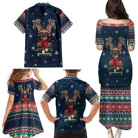 French Bulldog Reindeer Antlers Lights Family Matching Puletasi and Hawaiian Shirt with Red Green Winter Pattern Design - Wonder Print Shop