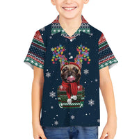 French Bulldog Reindeer Antlers Lights Family Matching Short Sleeve Bodycon Dress and Hawaiian Shirt with Red Green Winter Pattern Design - Wonder Print Shop