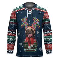 French Bulldog Reindeer Antlers Lights Hockey Jersey with Red Green Winter Pattern Design - Wonder Print Shop