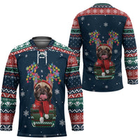 French Bulldog Reindeer Antlers Lights Hockey Jersey with Red Green Winter Pattern Design - Wonder Print Shop