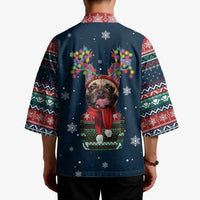 French Bulldog Reindeer Antlers Lights Kimono with Red Green Winter Pattern Design - Wonder Print Shop