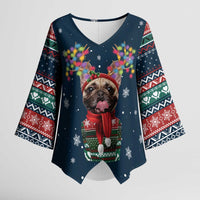 French Bulldog Reindeer Antlers Lights Kimono Sleeve Blouse with Red Green Winter Pattern Design - Wonder Print Shop