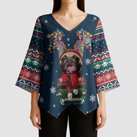 French Bulldog Reindeer Antlers Lights Kimono Sleeve Blouse with Red Green Winter Pattern Design - Wonder Print Shop