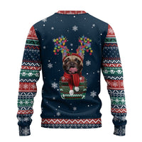 French Bulldog Reindeer Antlers Lights Ugly Christmas Sweater with Red Green Winter Pattern Design - Wonder Print Shop