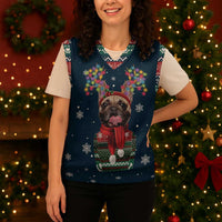 French Bulldog Reindeer Antlers Lights Christmas Knitted V-Neck Vest with Red Green Winter Pattern Design - Wonder Print Shop