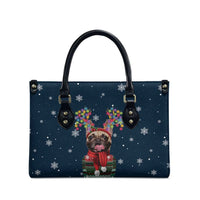 French Bulldog Reindeer Antlers Lights Leather Bag with Red Green Winter Pattern Design - Wonder Print Shop