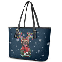 French Bulldog Reindeer Antlers Lights Leather Tote Bag with Red Green Winter Pattern Design - Wonder Print Shop