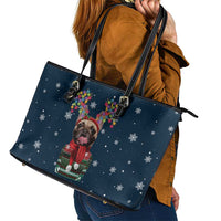 French Bulldog Reindeer Antlers Lights Leather Tote Bag with Red Green Winter Pattern Design - Wonder Print Shop