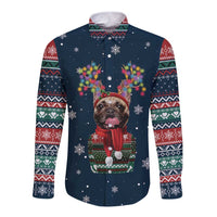 French Bulldog Reindeer Antlers Lights Long Sleeve Button Shirt with Red Green Winter Pattern Design - Wonder Print Shop