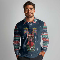 French Bulldog Reindeer Antlers Lights Long Sleeve Polo Shirt with Red Green Winter Pattern Design - Wonder Print Shop