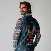 French Bulldog Reindeer Antlers Lights Long Sleeve Polo Shirt with Red Green Winter Pattern Design - Wonder Print Shop