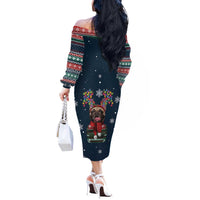French Bulldog Reindeer Antlers Lights Off The Shoulder Long Sleeve Dress with Red Green Winter Pattern Design - Wonder Print Shop