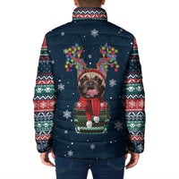 French Bulldog Reindeer Antlers Lights Padded Jacket with Red Green Winter Pattern Design - Wonder Print Shop
