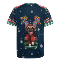 French Bulldog Reindeer Antlers Lights Rugby Jersey with Red Green Winter Pattern Design - Wonder Print Shop