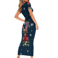 French Bulldog Reindeer Antlers Lights Short Sleeve Bodycon Dress with Red Green Winter Pattern Design - Wonder Print Shop