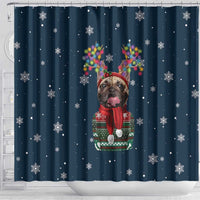 French Bulldog Reindeer Antlers Lights Shower Curtain with Red Green Winter Pattern Design - Wonder Print Shop