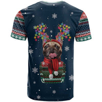 French Bulldog Reindeer Antlers Lights T Shirt with Red Green Winter Pattern Design - Wonder Print Shop