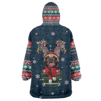 French Bulldog Reindeer Antlers Lights Wearable Blanket Hoodie with Red Green Winter Pattern Design - Wonder Print Shop