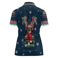 French Bulldog Reindeer Antlers Lights Women Polo Shirt with Red Green Winter Pattern Design - Wonder Print Shop