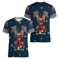 French Bulldog Reindeer Antlers Lights Women V-Neck T-Shirt with Red Green Winter Pattern Design - Wonder Print Shop
