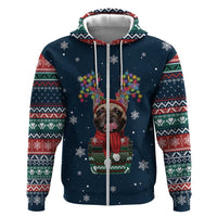 French Bulldog Reindeer Antlers Lights Zip Hoodie with Red Green Winter Pattern Design - Wonder Print Shop