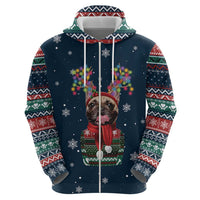 French Bulldog Reindeer Antlers Lights Zip Hoodie with Red Green Winter Pattern Design - Wonder Print Shop