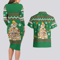 Corgi Dog Lights Corgi Bells Corgi All the Way Couples Matching Long Sleeve Bodycon Dress and Hawaiian Shirt wirh Green Snowflake Pattern Design - Wonder Print Shop