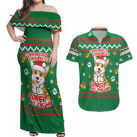 Corgi Dog Lights Corgi Bells Corgi All the Way Couples Matching Off Shoulder Maxi Dress and Hawaiian Shirt wirh Green Snowflake Pattern Design - Wonder Print Shop