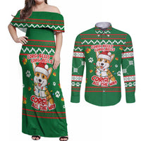 Corgi Dog Lights Corgi Bells Corgi All the Way Couples Matching Off Shoulder Maxi Dress and Long Sleeve Button Shirt wirh Green Snowflake Pattern Design - Wonder Print Shop