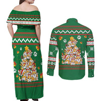 Corgi Dog Lights Corgi Bells Corgi All the Way Couples Matching Off Shoulder Maxi Dress and Long Sleeve Button Shirt wirh Green Snowflake Pattern Design - Wonder Print Shop