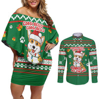 Corgi Dog Lights Corgi Bells Corgi All the Way Couples Matching Off Shoulder Short Dress and Long Sleeve Button Shirt wirh Green Snowflake Pattern Design - Wonder Print Shop
