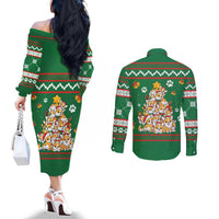 Corgi Dog Lights Corgi Bells Corgi All the Way Couples Matching Off The Shoulder Long Sleeve Dress and Long Sleeve Button Shirt wirh Green Snowflake Pattern Design - Wonder Print Shop