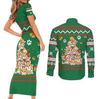Corgi Dog Lights Corgi Bells Corgi All the Way Couples Matching Short Sleeve Bodycon Dress and Long Sleeve Button Shirt wirh Green Snowflake Pattern Design - Wonder Print Shop