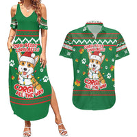 Corgi Dog Lights Corgi Bells Corgi All the Way Couples Matching Summer Maxi Dress and Hawaiian Shirt wirh Green Snowflake Pattern Design - Wonder Print Shop