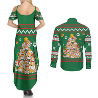 Corgi Dog Lights Corgi Bells Corgi All the Way Couples Matching Summer Maxi Dress and Long Sleeve Button Shirt wirh Green Snowflake Pattern Design - Wonder Print Shop