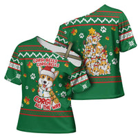Corgi Dog Lights Corgi Bells Corgi All the Way Cross Shoulder Shirt wirh Green Snowflake Pattern Design - Wonder Print Shop