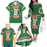 Corgi Dog Lights Corgi Bells Corgi All the Way Family Matching Off The Shoulder Long Sleeve Dress and Hawaiian Shirt wirh Green Snowflake Pattern Design - Wonder Print Shop