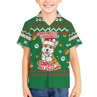 Corgi Dog Lights Corgi Bells Corgi All the Way Family Matching Off The Shoulder Long Sleeve Dress and Hawaiian Shirt wirh Green Snowflake Pattern Design - Wonder Print Shop