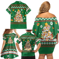 Corgi Dog Lights Corgi Bells Corgi All the Way Family Matching Off Shoulder Short Dress and Hawaiian Shirt wirh Green Snowflake Pattern Design - Wonder Print Shop