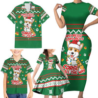 Corgi Dog Lights Corgi Bells Corgi All the Way Family Matching Short Sleeve Bodycon Dress and Hawaiian Shirt wirh Green Snowflake Pattern Design - Wonder Print Shop