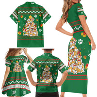 Corgi Dog Lights Corgi Bells Corgi All the Way Family Matching Short Sleeve Bodycon Dress and Hawaiian Shirt wirh Green Snowflake Pattern Design - Wonder Print Shop