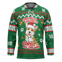 Corgi Dog Lights Corgi Bells Corgi All the Way Hockey Jersey wirh Green Snowflake Pattern Design - Wonder Print Shop